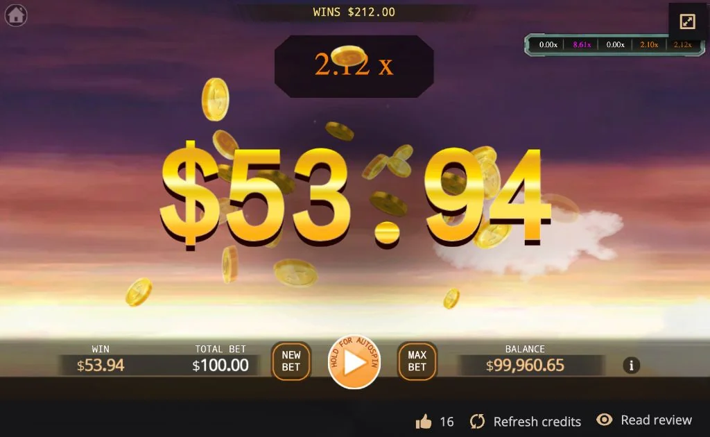 A real-money payout of $53.94 with falling gold coins on a sunset sky