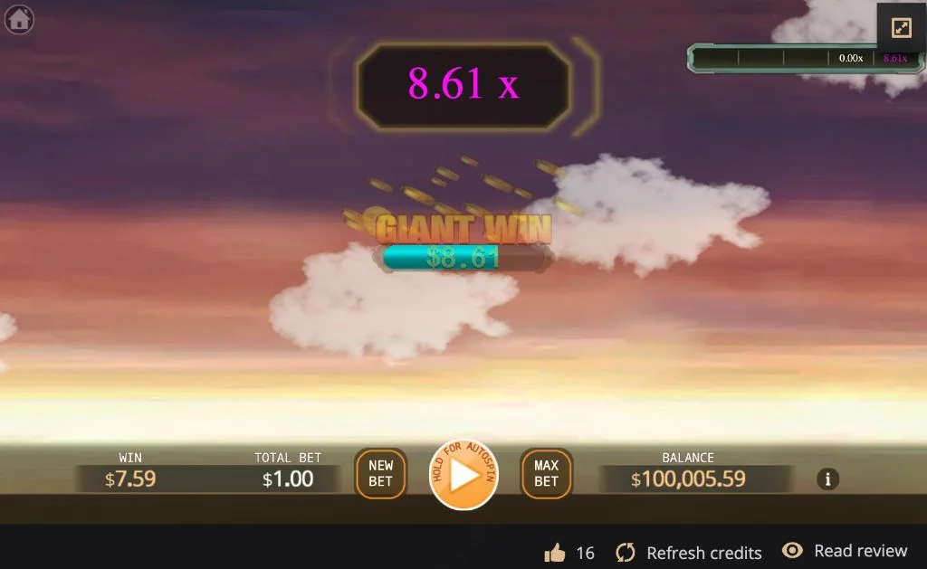 Giant win celebration with coins, showing a high multiplier reached in the demo